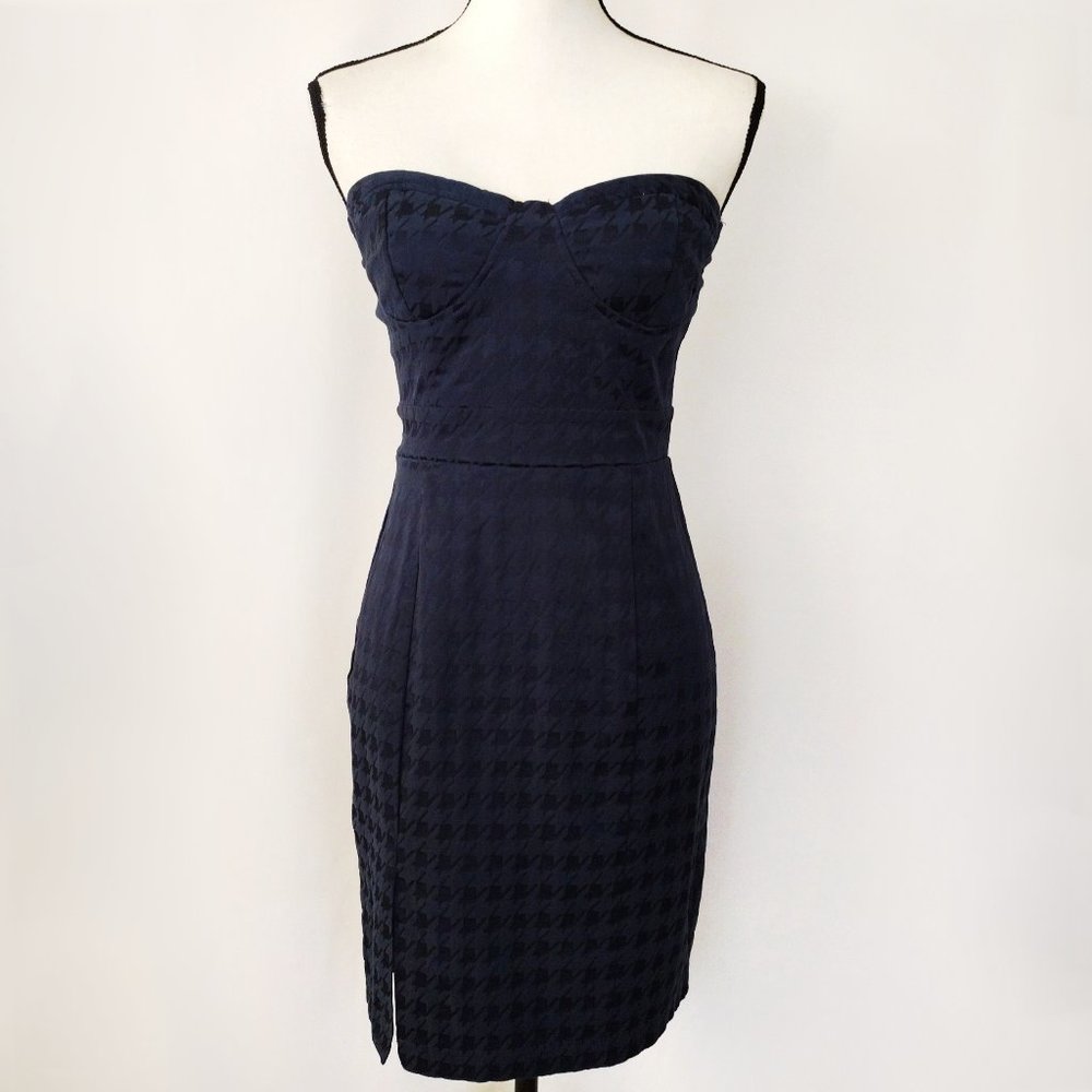 Forever 21 Navy Blue Houndstooth Strapless Bustier Sheath Bodycon Dress Size M
